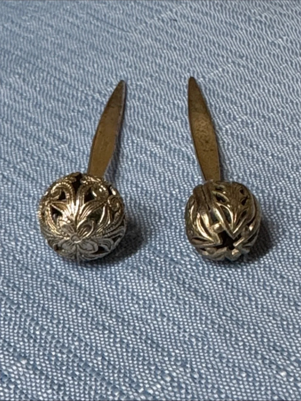 Sterling silver cocktail picks ornate tops 1940s or 1950s 2 5/8” long, set of 2